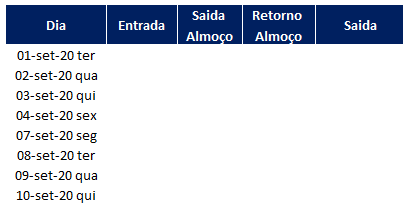 Como fazer controle de ponto no Excel 02 - Como fazer controle de ponto no Excel